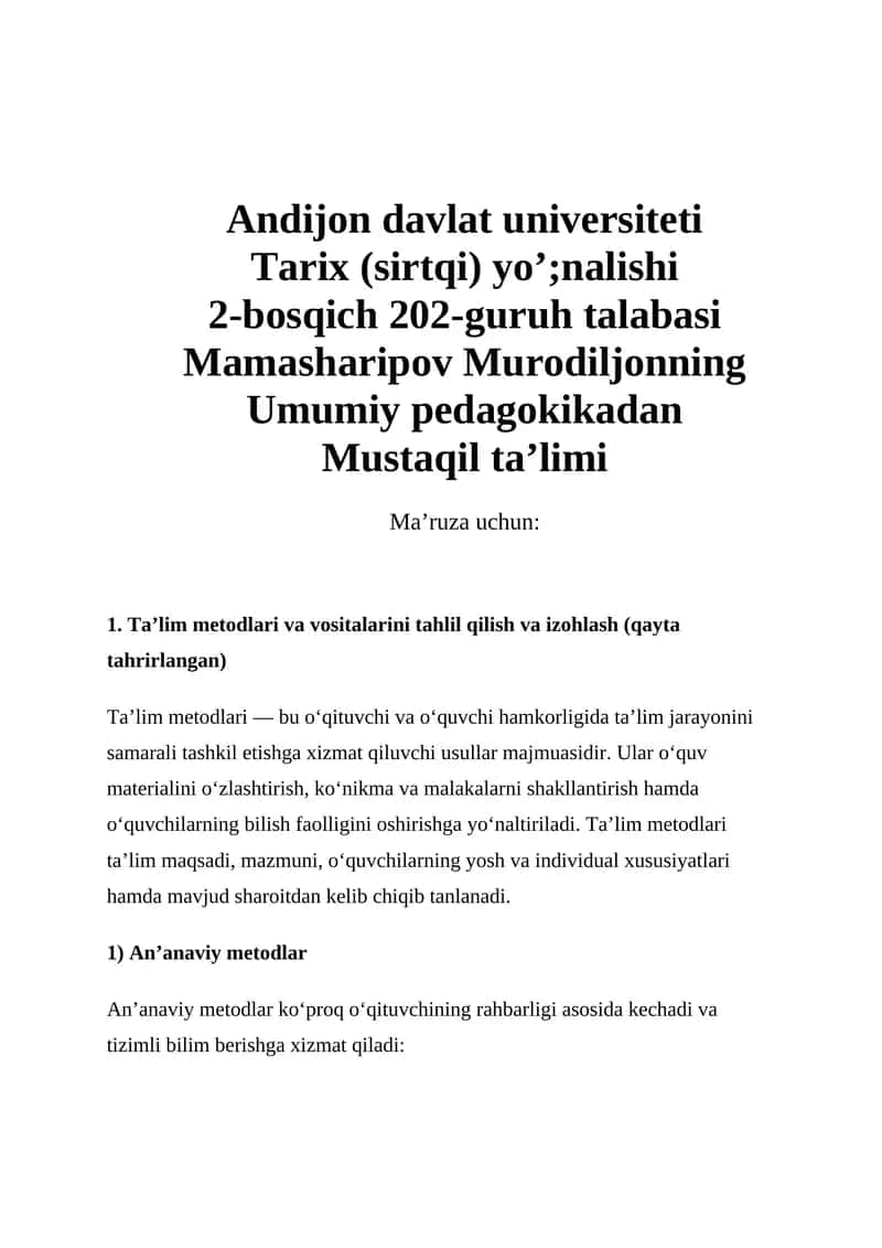 Ta’lim Metodlari va Vositalari 1