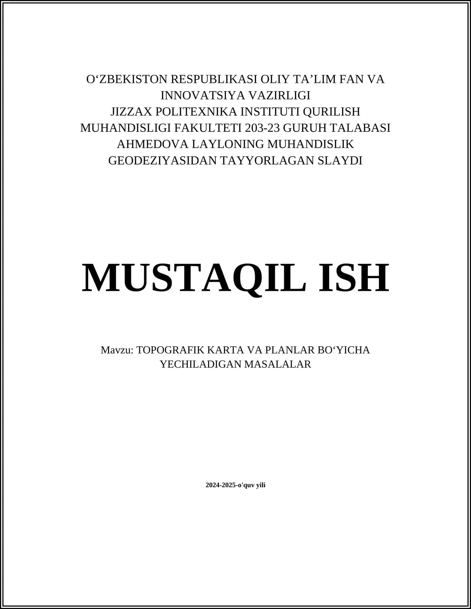 TOPOGRAFIK KARTA VA PLANLAR BO‘YICHA YECHILADIGAN MASALALAR 1