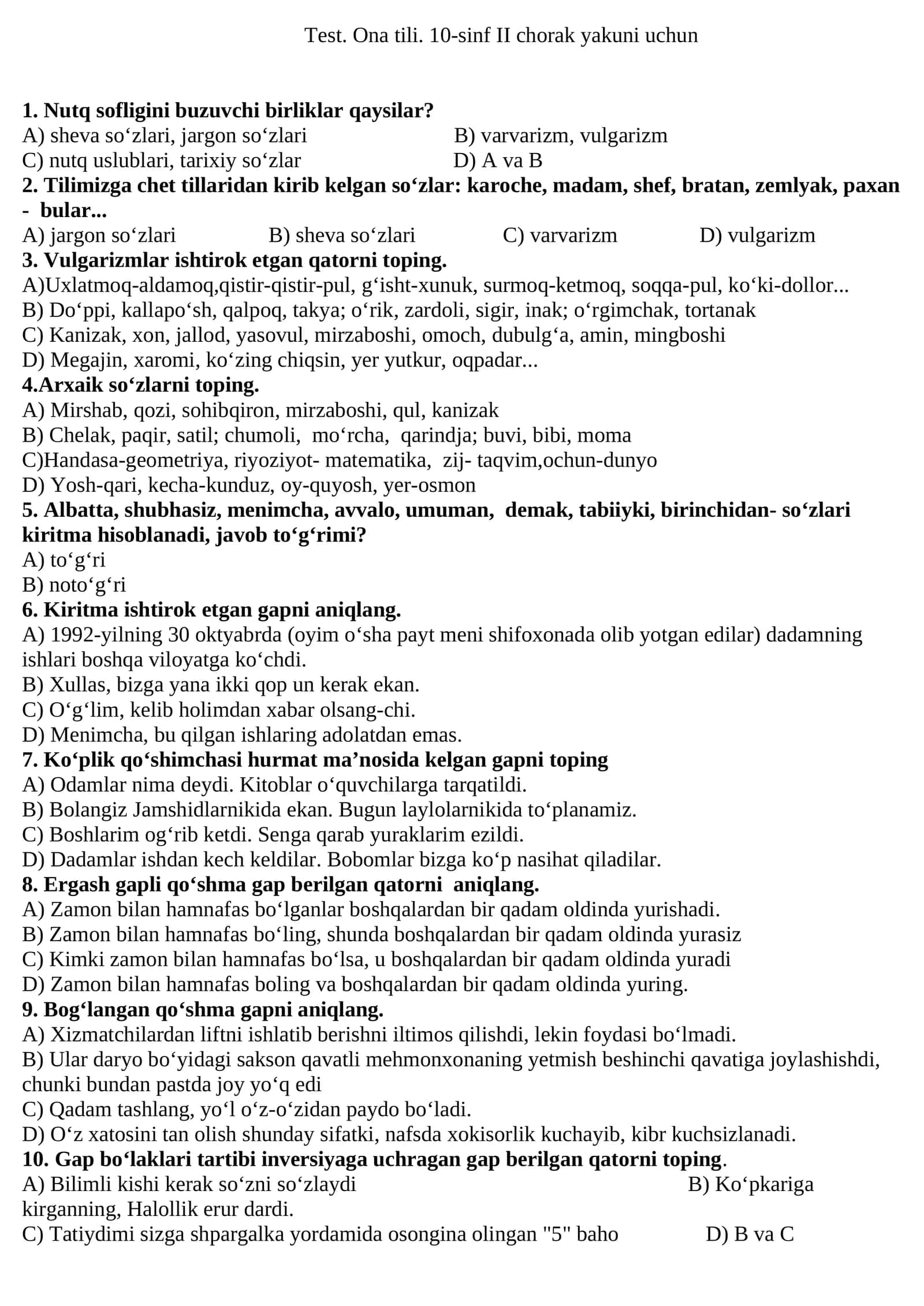 Test. Ona tili. 10-sinf II chorak yakuni uchun 1