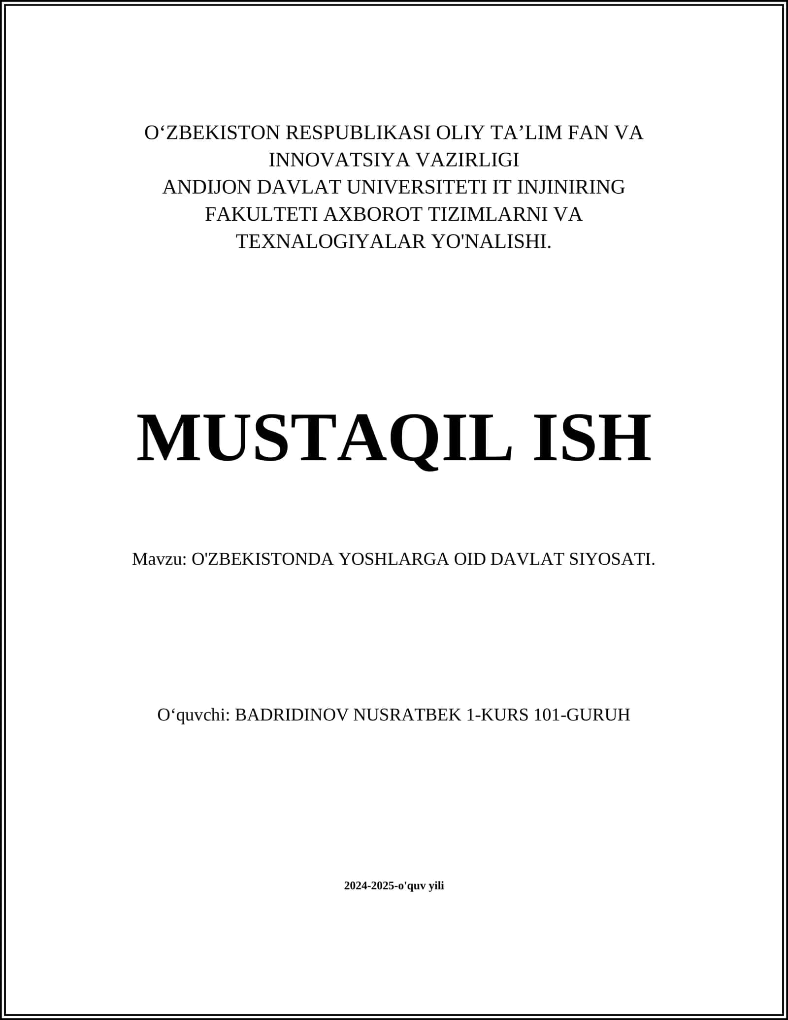 O'ZBEKISTONDA YOSHLARGA OID DAVLAT SIYOSATI 1