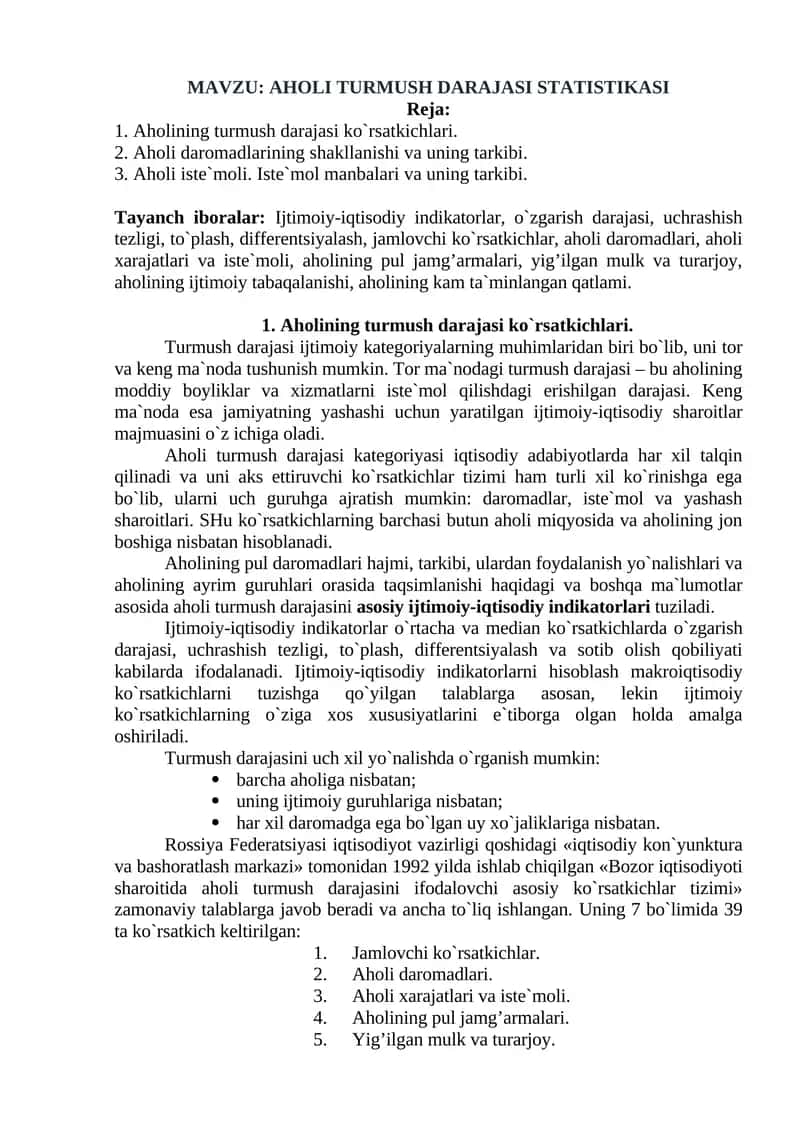 AHOLI TURMUSH DARAJASI STATISTIKASI 1