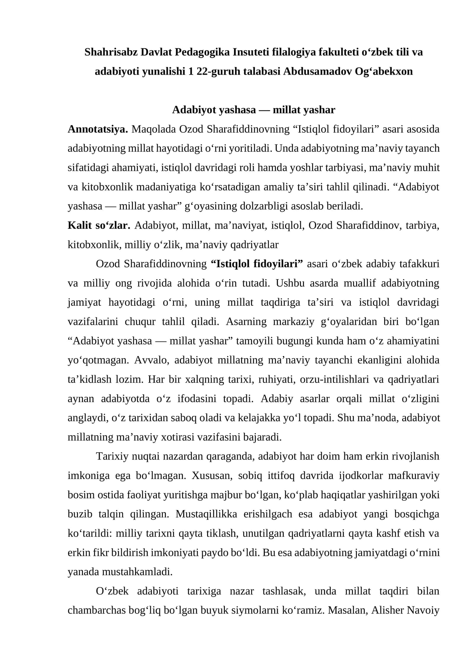 Adabiyot yashasa — millat yashar 1
