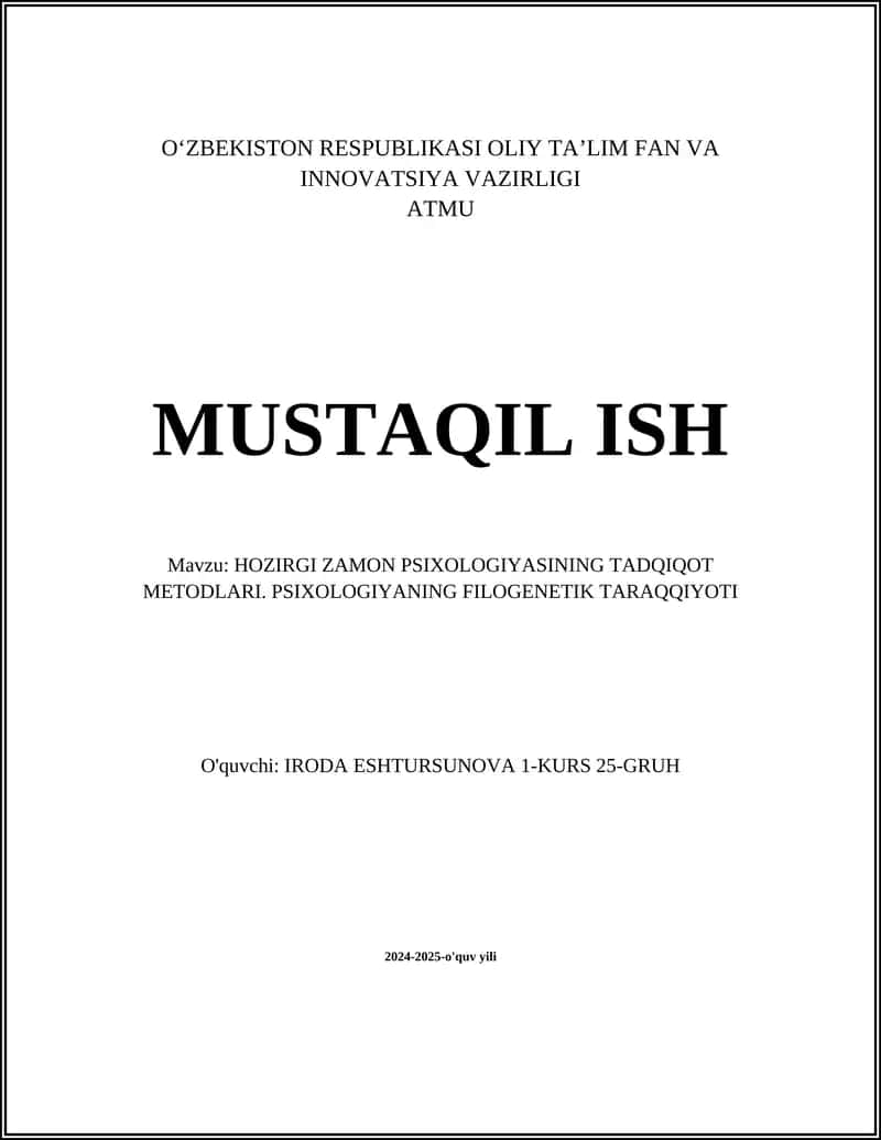 HOZIRGI ZAMON PSIXOLOGIYASINING TADQIQOT METODLARI 1