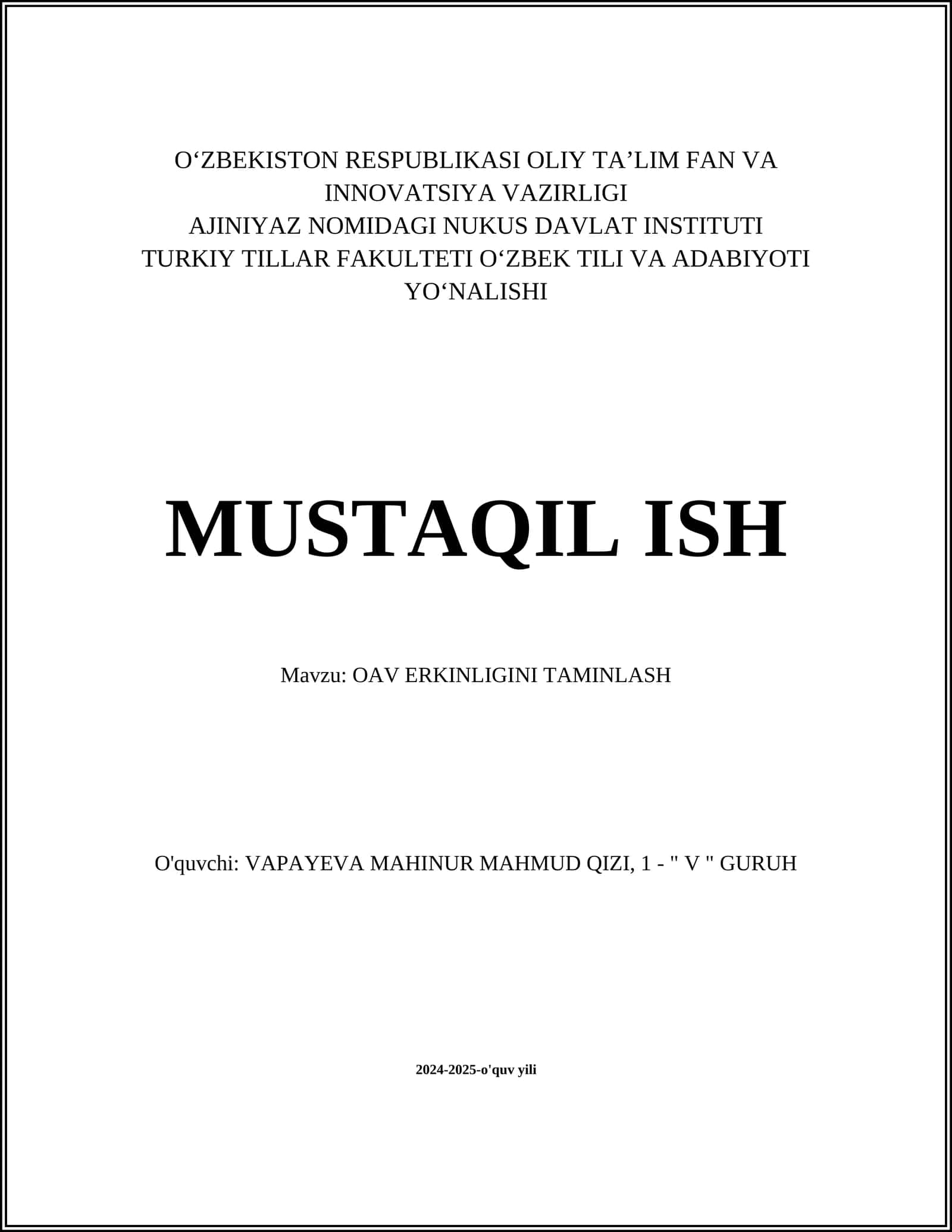 OAV ERKINLIGINI TAMINLASH 1