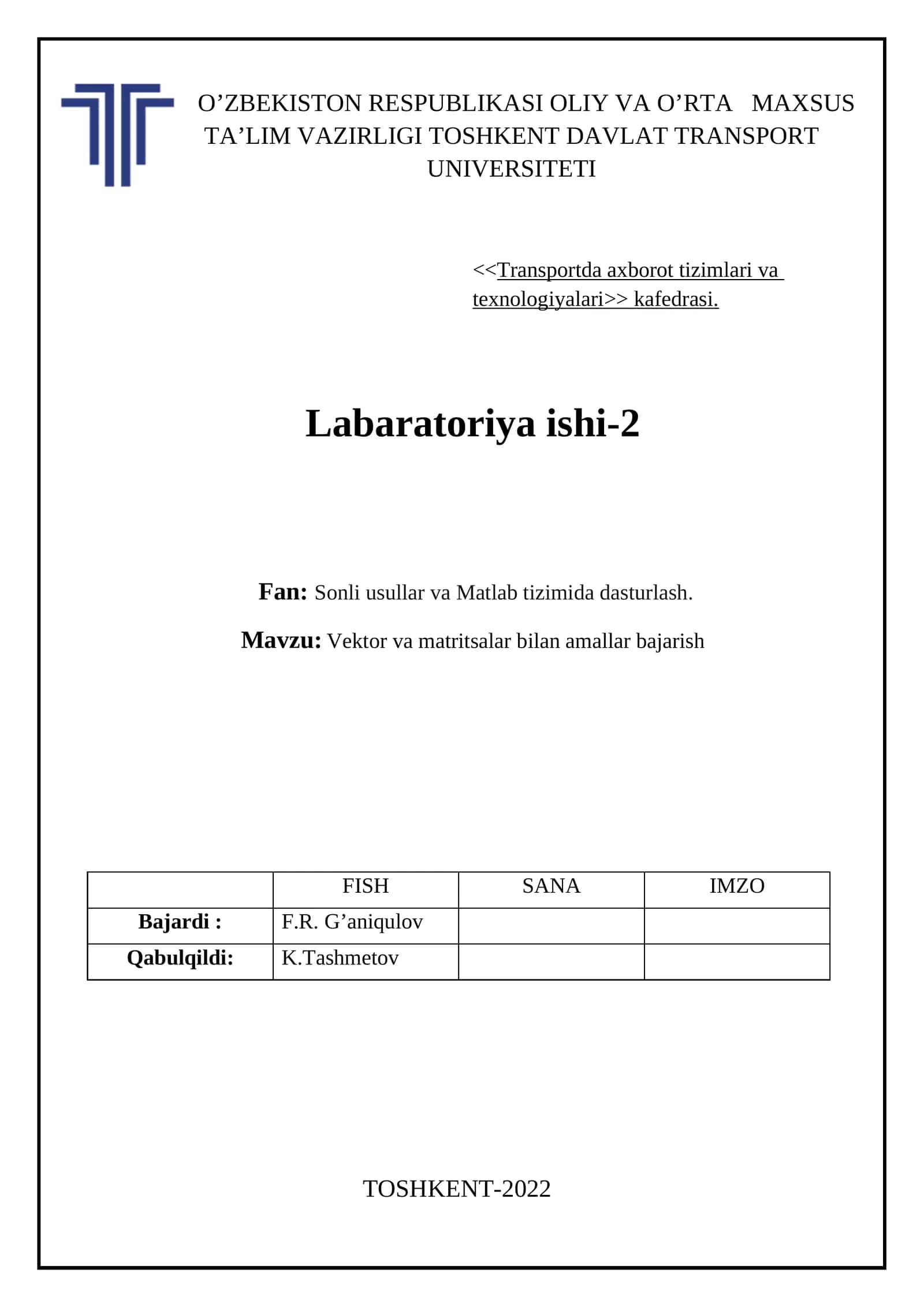 Vektor va matritsalar bilan amallar bajarish 1