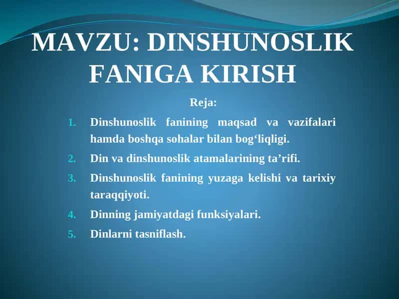 Dinshunoslik faniga kirish 1