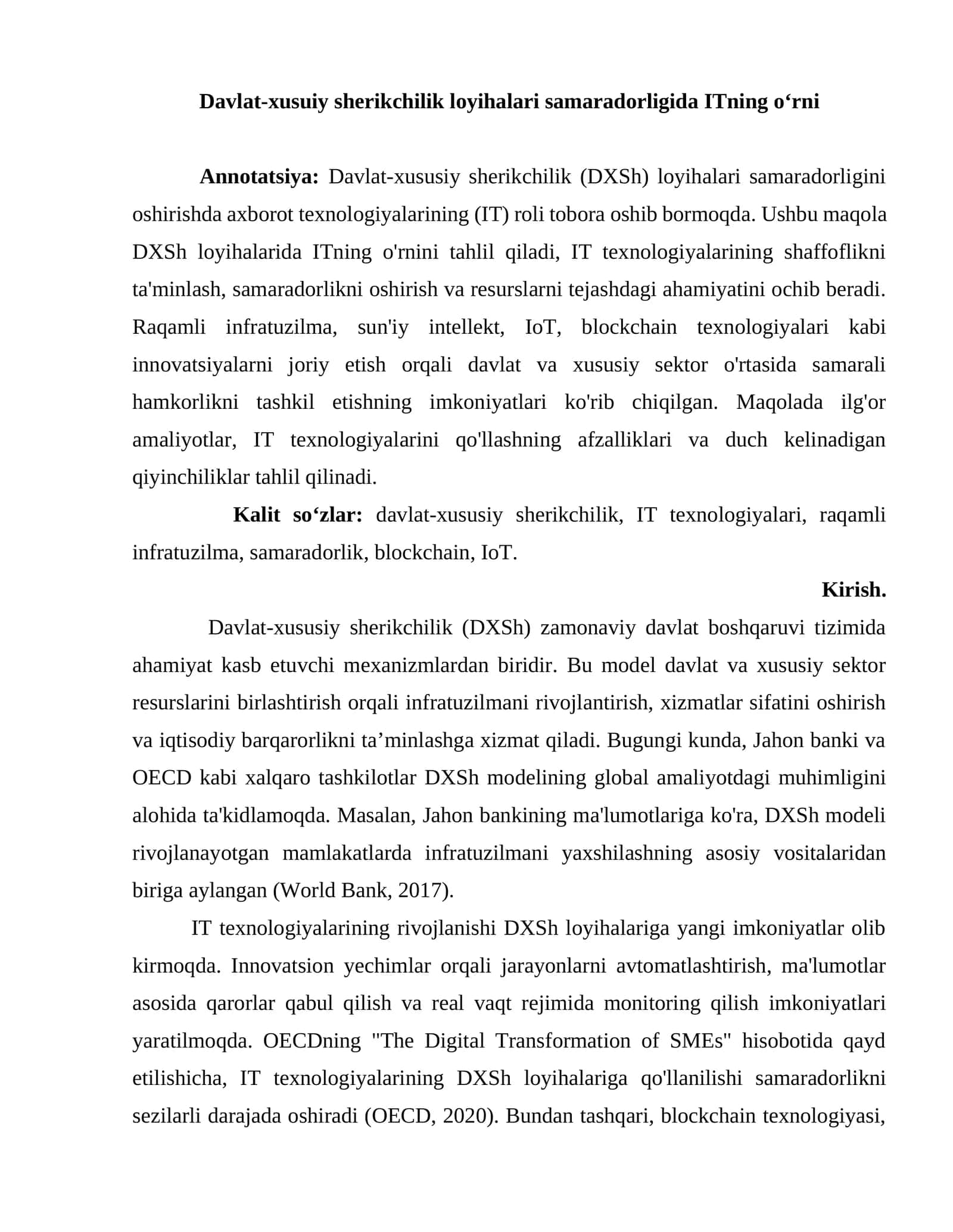 Davlat-xusuiy sherikchilik loyihalari samaradorligida ITning o‘rni 1