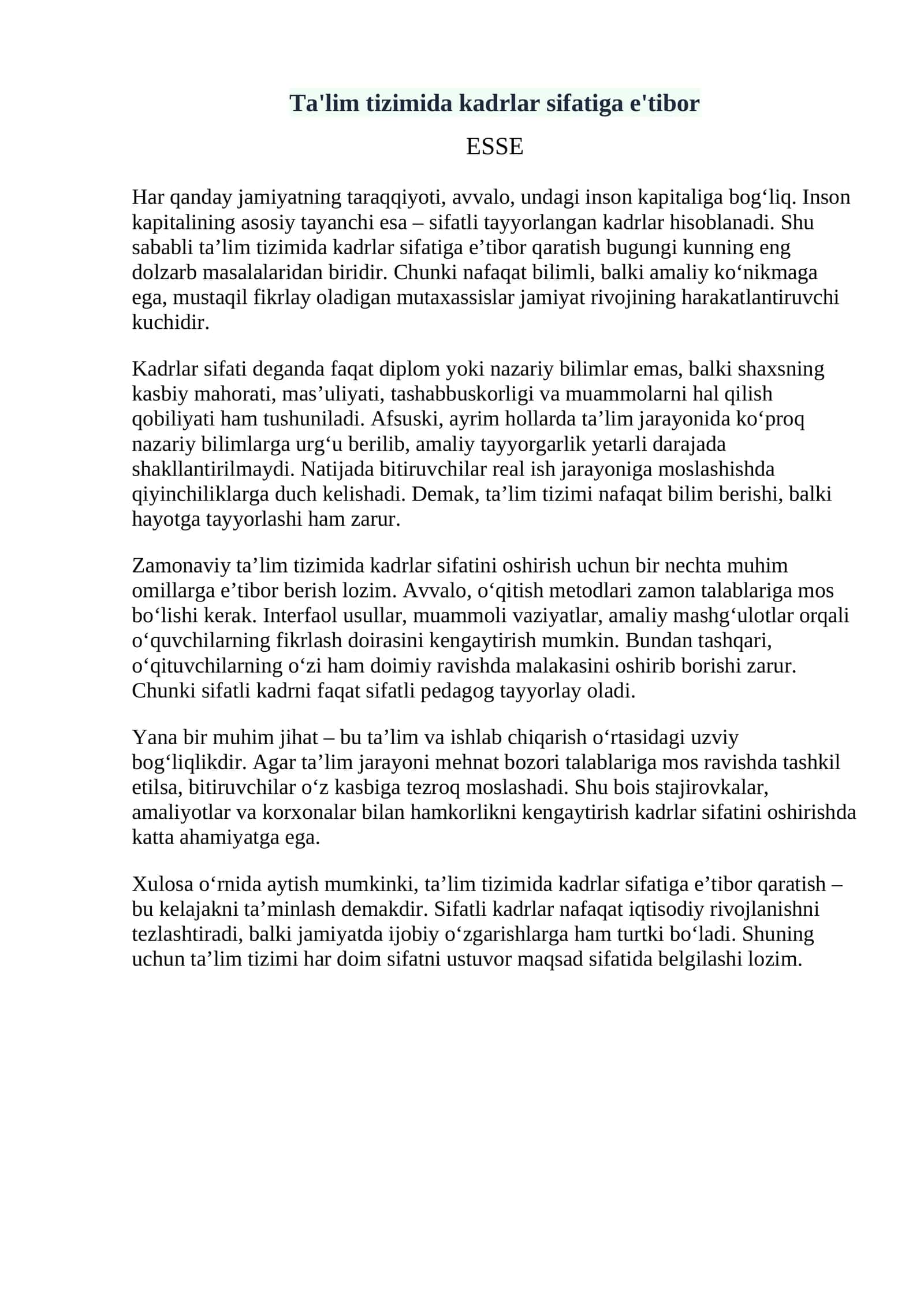 Ta'lim tizimida kadrlar sifatiga e'tibor 1