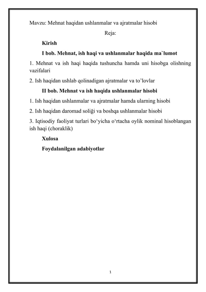 Mehnat haqidan ushlanmalar va ajratmalar hisobi 1