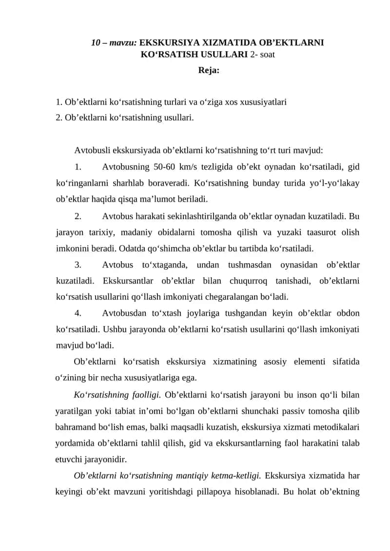 EKSKURSIYA XIZMATIDA OB’EKTLARNI KO‘RSATISH USULLARI 1