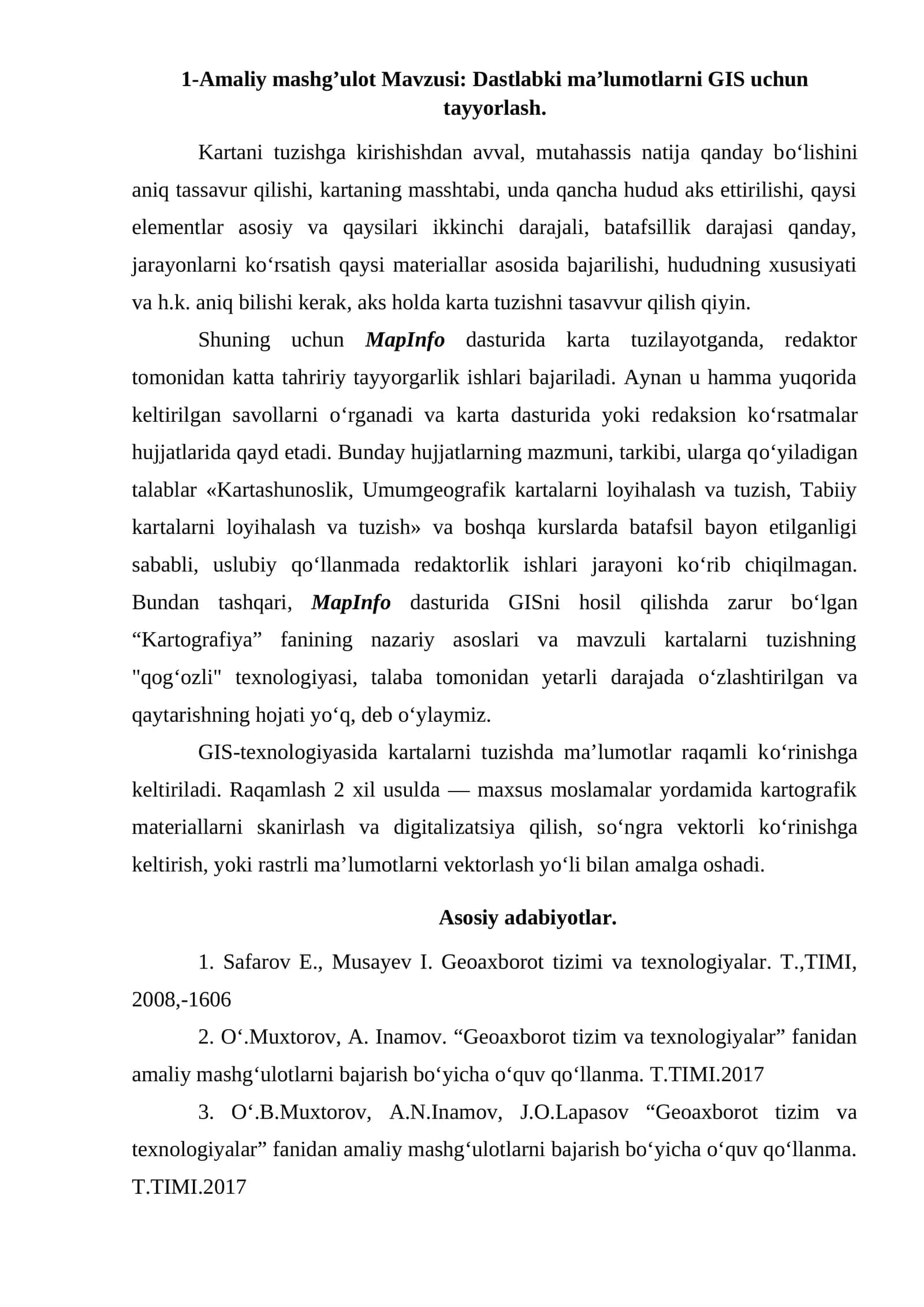 Dastlabki ma’lumotlarni GIS uchun tayyorlash 1