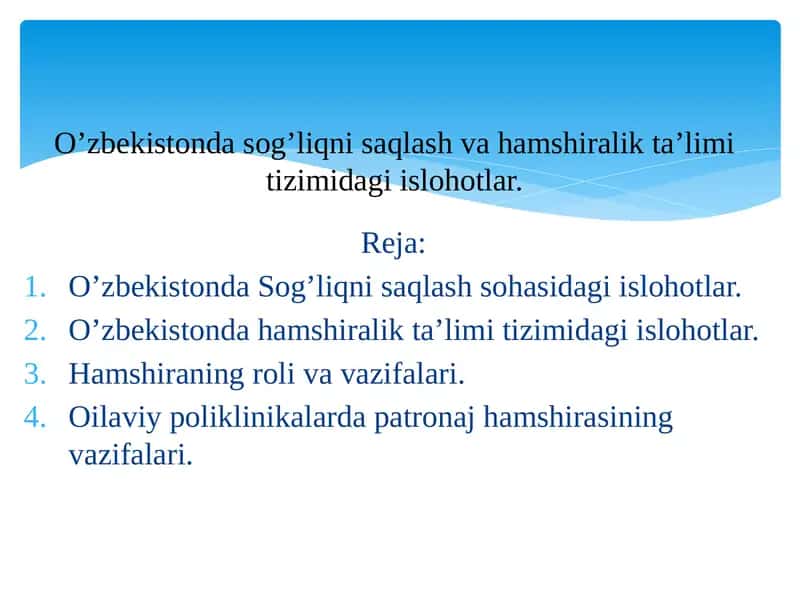 O’zbekistonda Sog’liqni Saqlash sohasidagi islohotlar 1