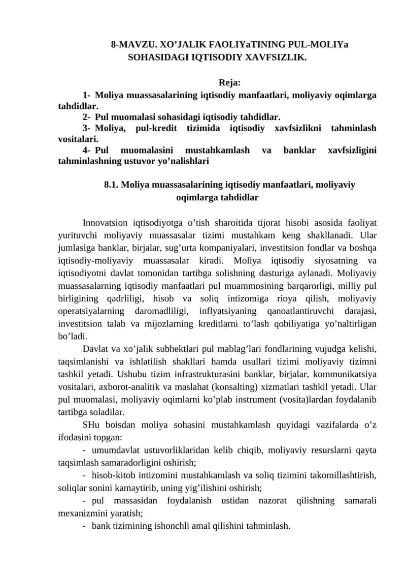 XO’JALIK FAOLIYaTINING PUL-MOLIYa SOHASIDAGI IQTISODIY XAVFSIZLIK 1