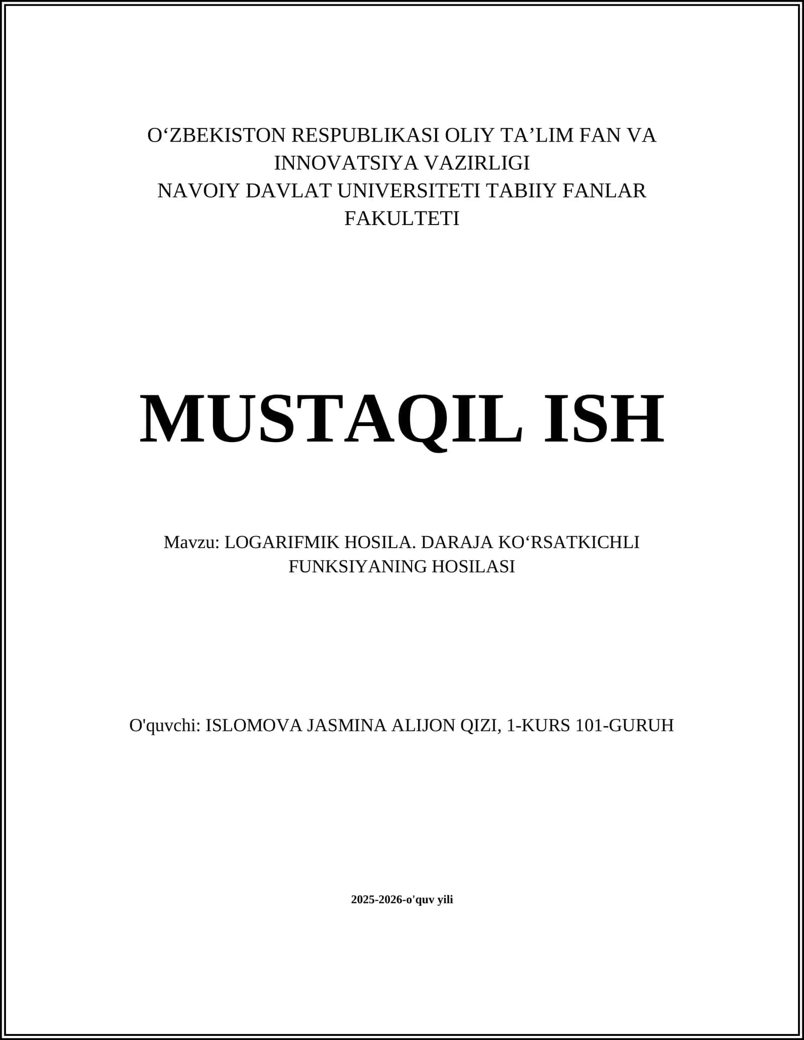 Logarifmik Hosila Usuli 1