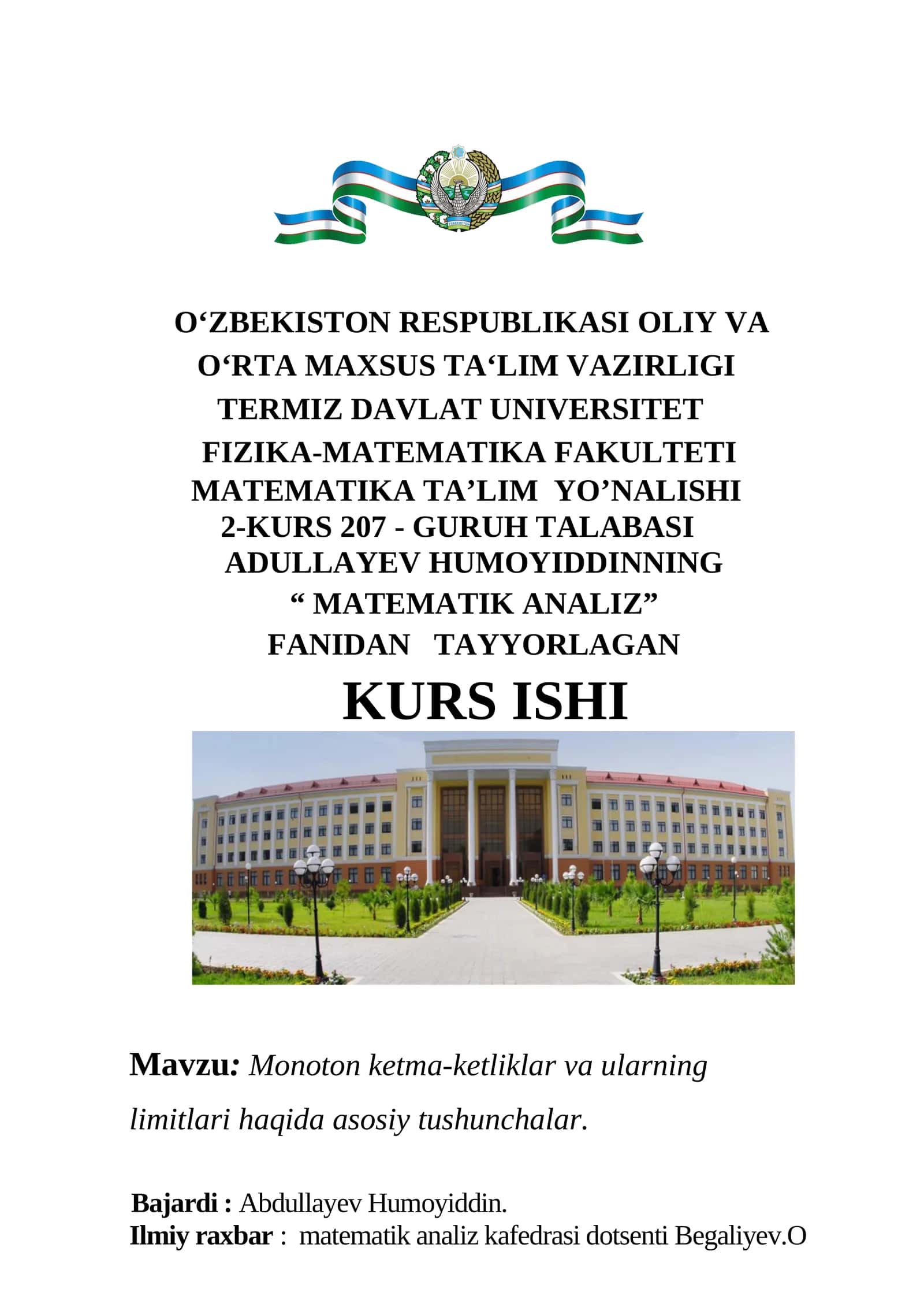 Monoton ketma-ketliklar va ularning limitlari haqida asosiy tushunchalar 1