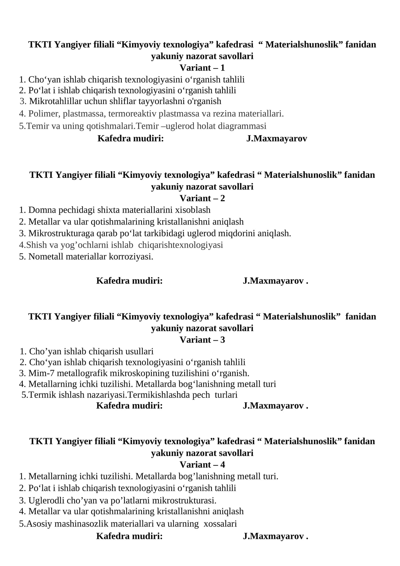Materialshunoslik yakuniy nazorat savollari (Variant 1) 1