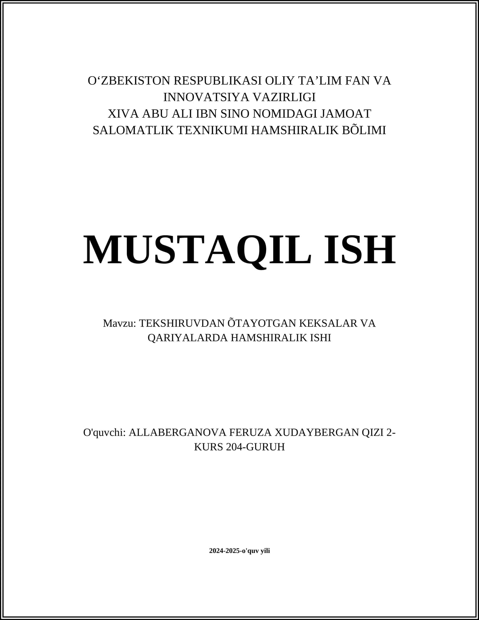 TEKSHIRUVDAN ÕTAYOTGAN KEKSALAR VA QARIYALARDA HAMSHIRALIK ISHI 1