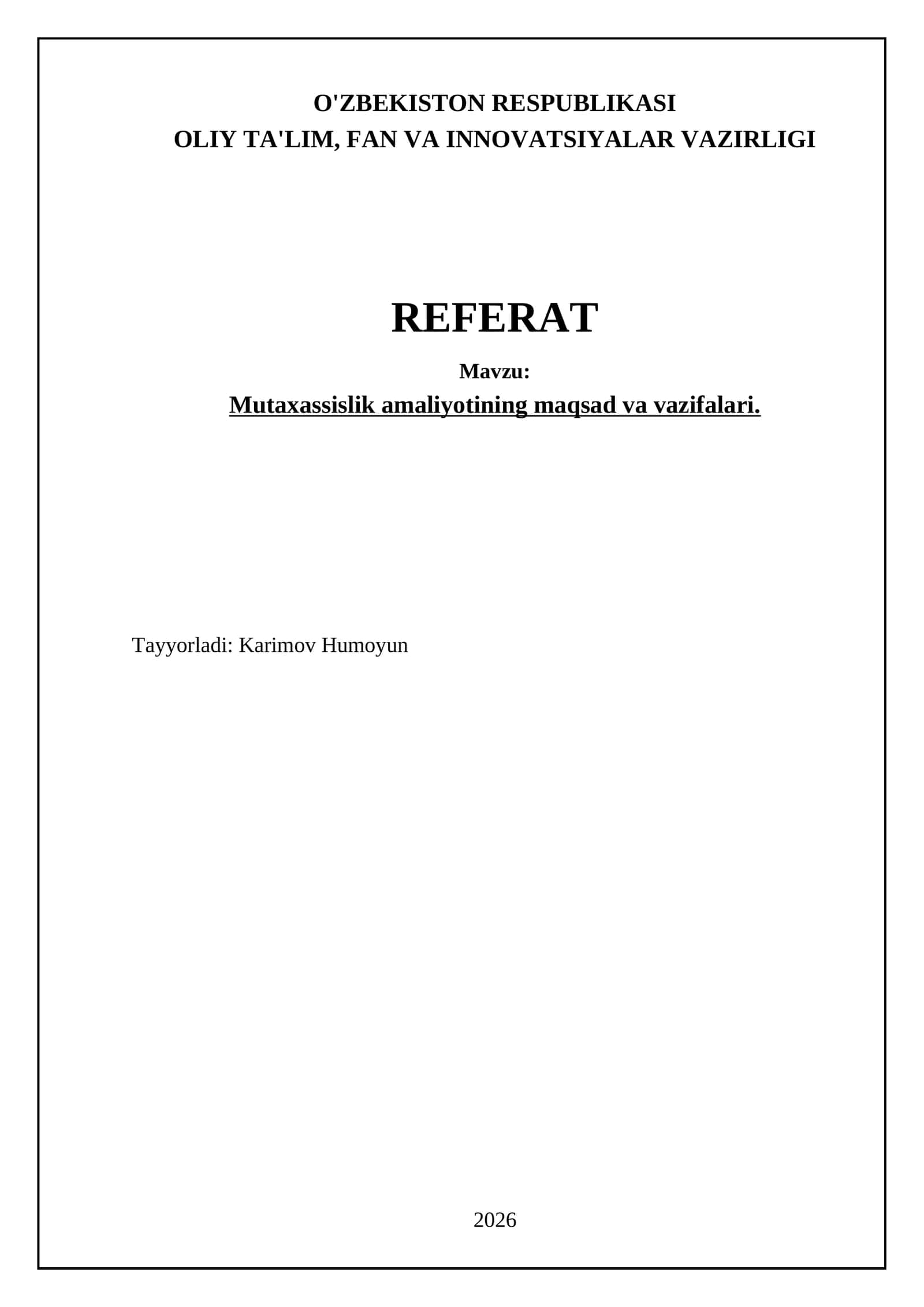 Mutaxassislik amaliyotining maqsad va vazifalari 1