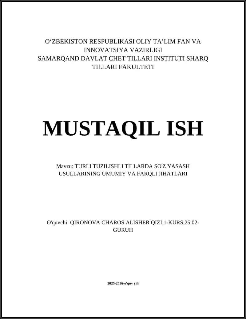 TURLI TUZILISHLI TILLARDA SO'Z YASASH USULLARINING UMUMIY VA FARQLI JIHATLARI 1