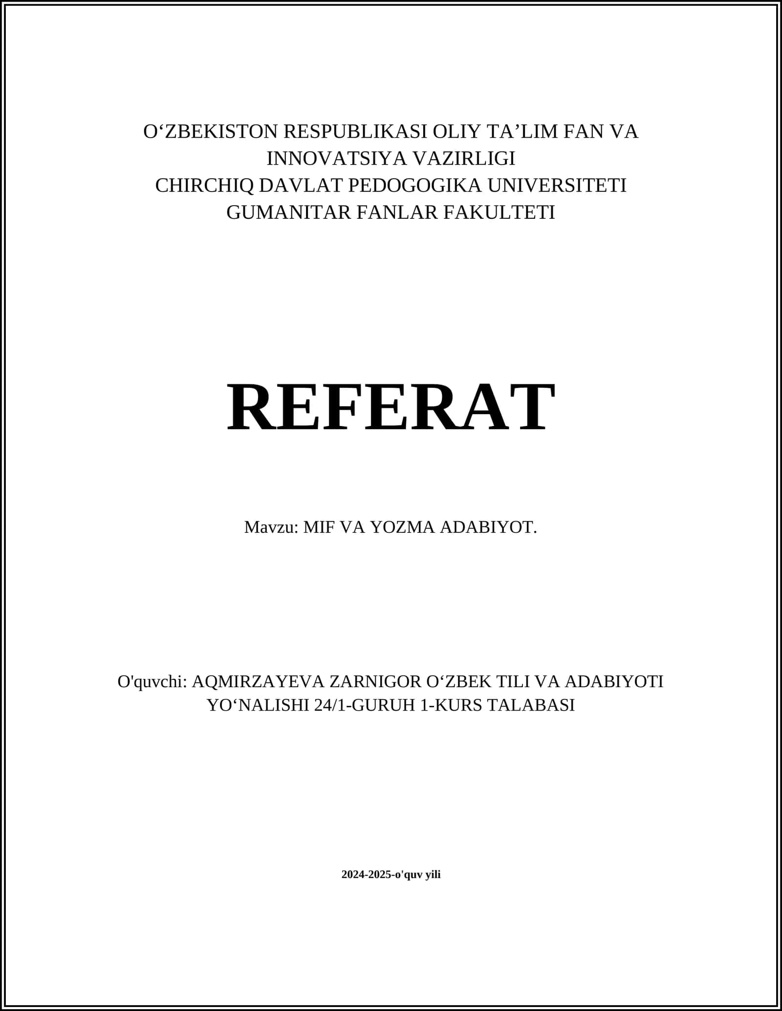 MIF VA YOZMA ADABIYOT 1