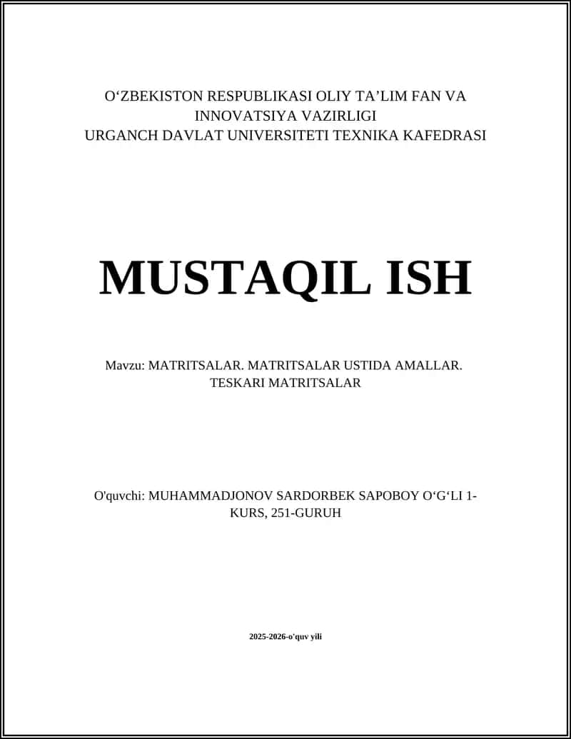 MATRITSALAR. MATRITSALAR USTIDA AMALLAR. TESKARI MATRITSALAR 1