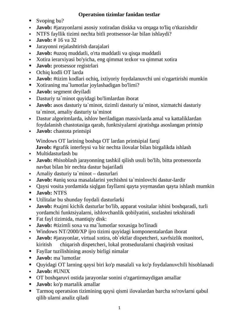 Operatsion tizimlar fanidan testlar 1