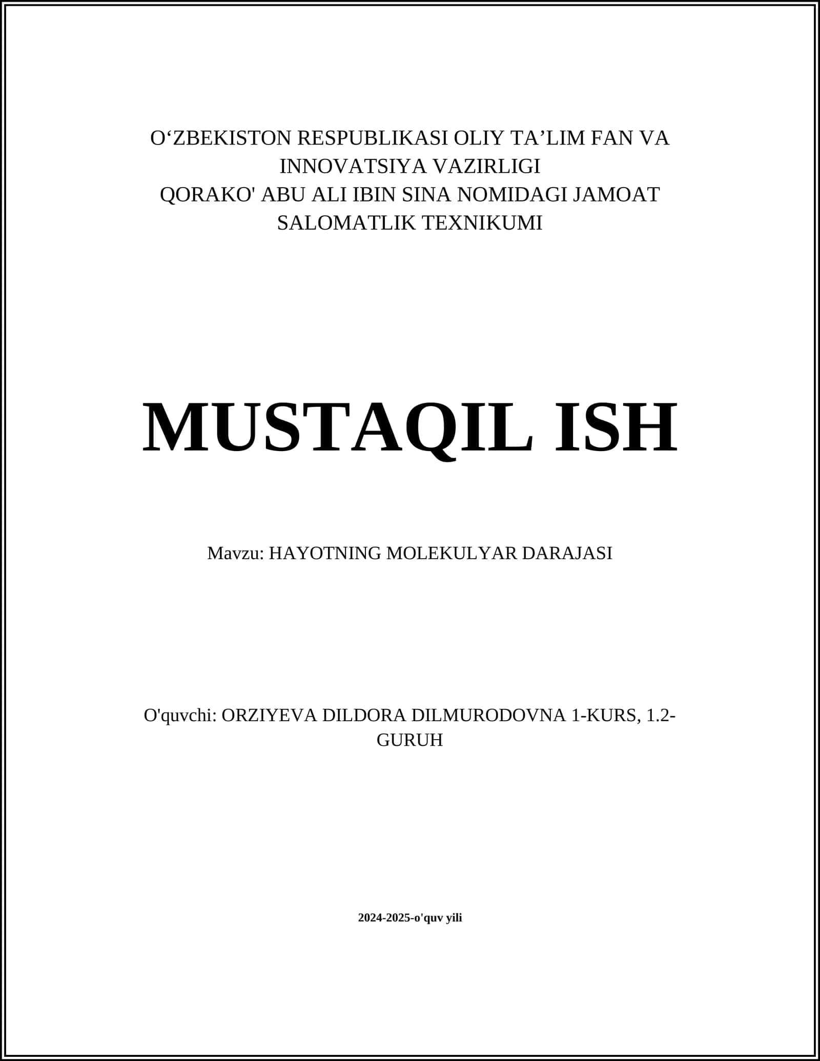 HAYOTNING MOLEKULYAR DARAJASI 1