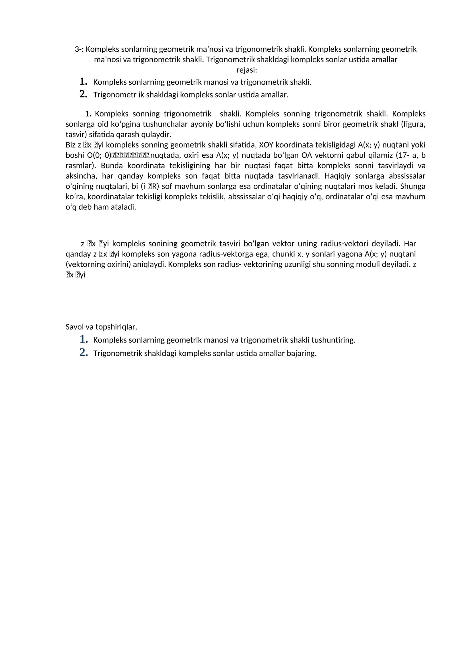 Kompleks sonlarning geometrik ma’nosi va trigonometrik shakli 1