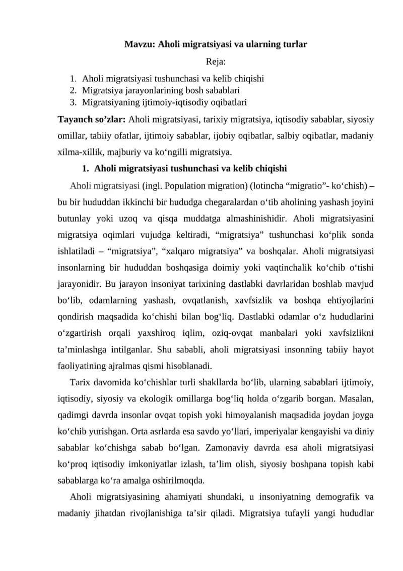 Aholi migratsiyasi va ularning turlar 1