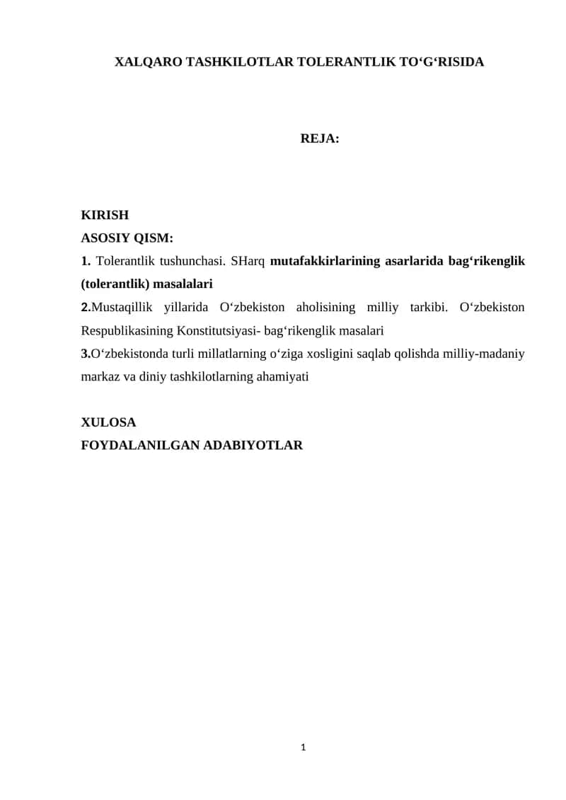 XALQARO TASHKILOTLAR TOLERANTLIK TO‘G‘RISIDA 1