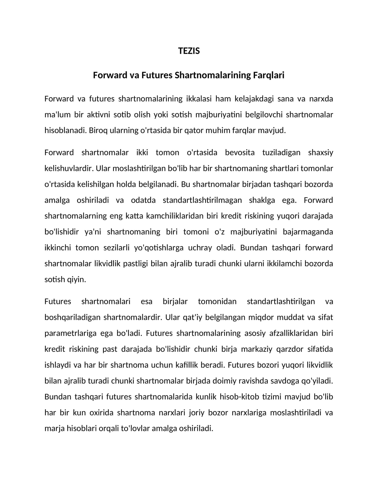 Forward va Futures Shartnomalarining Farqlari 1
