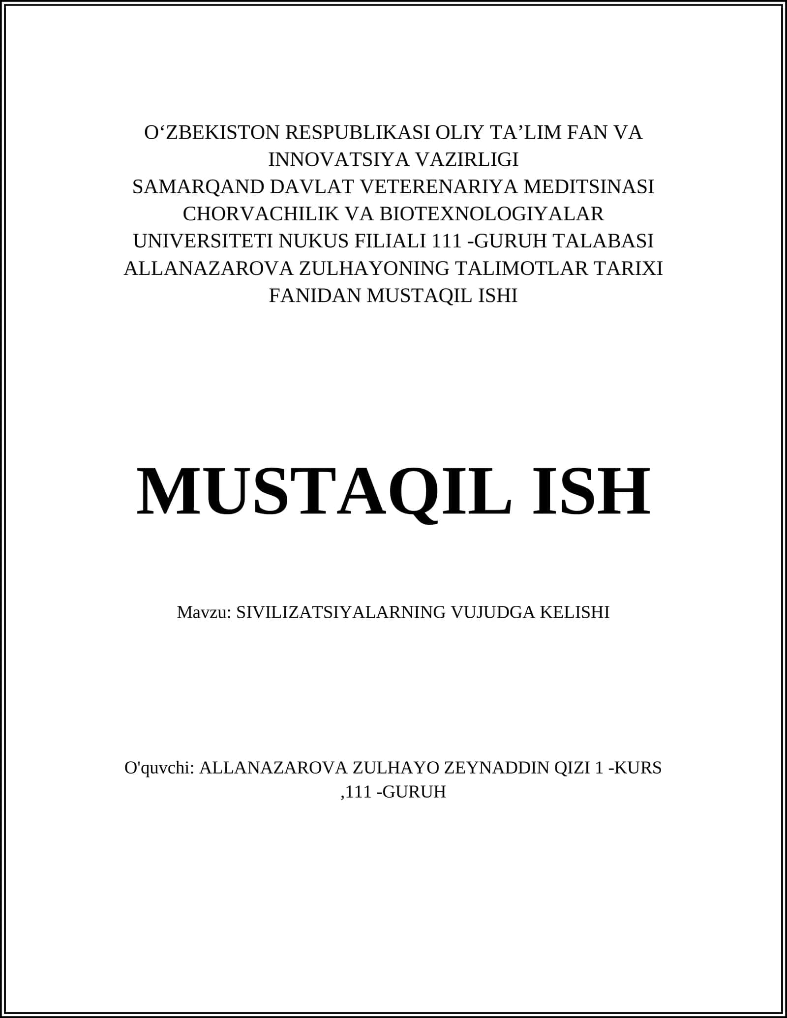 SIVILIZATSIYALARNING VUJUDGA KELISHI 1