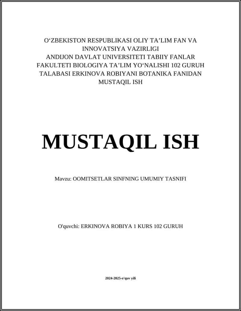 OOMITSETLAR SINFNING UMUMIY TASNIFI 1