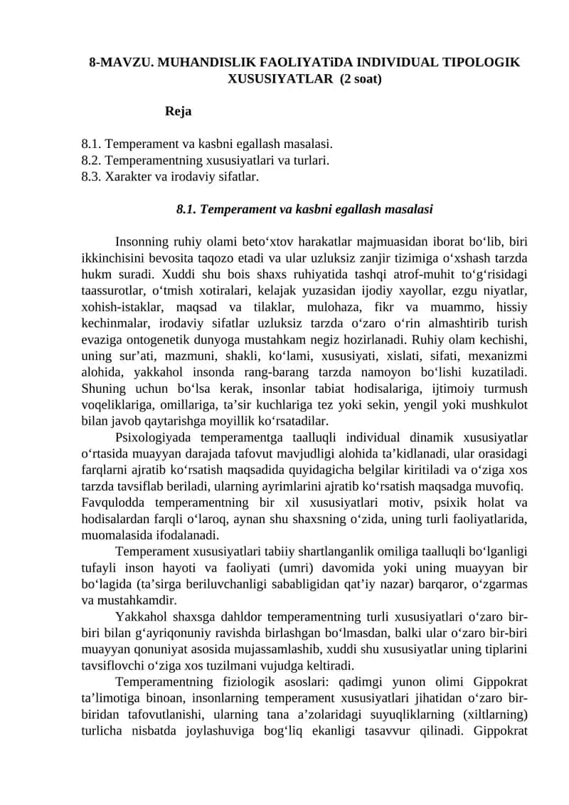 Temperament va kasbni egallash masalasi 1