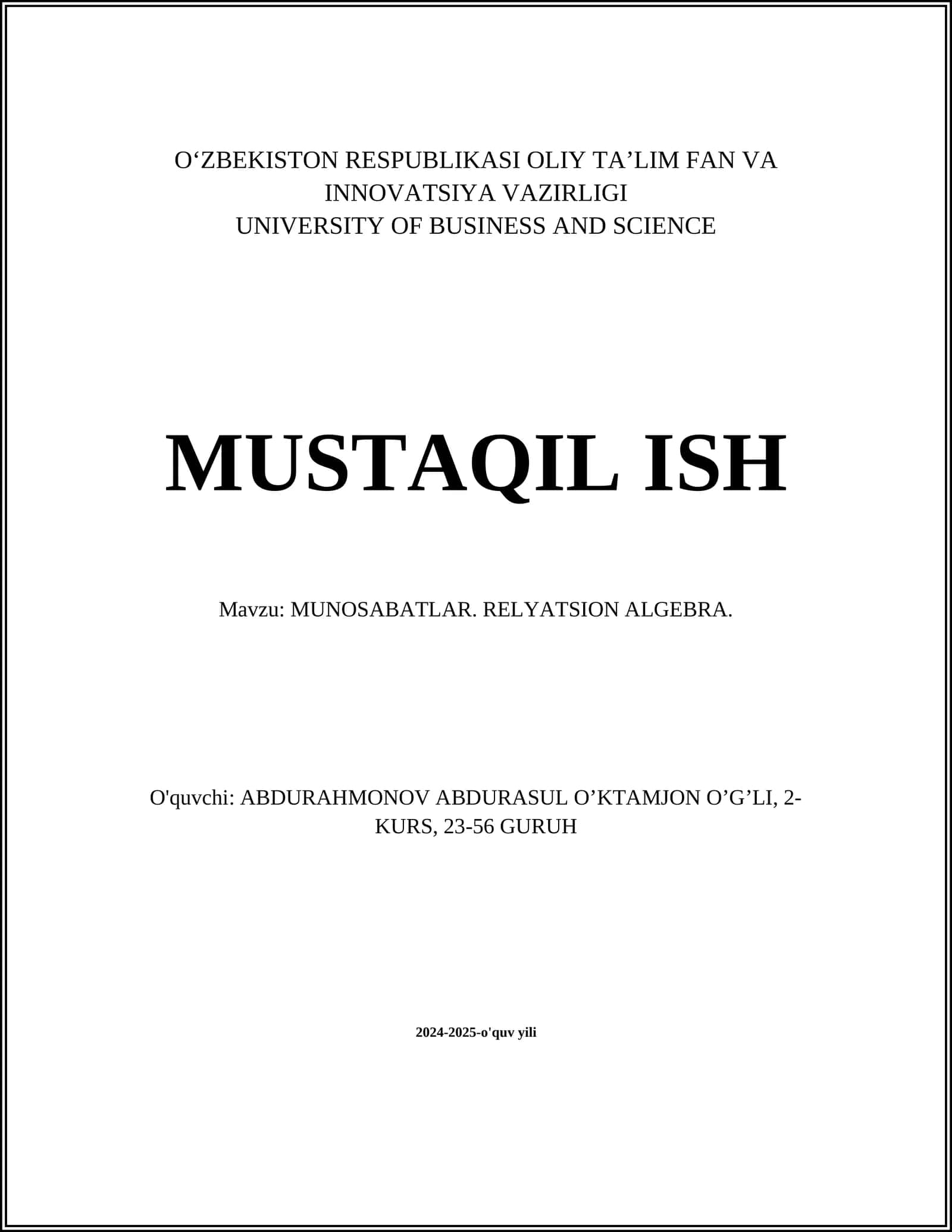MUNOSABATLAR. RELYATSION ALGEBRA 1