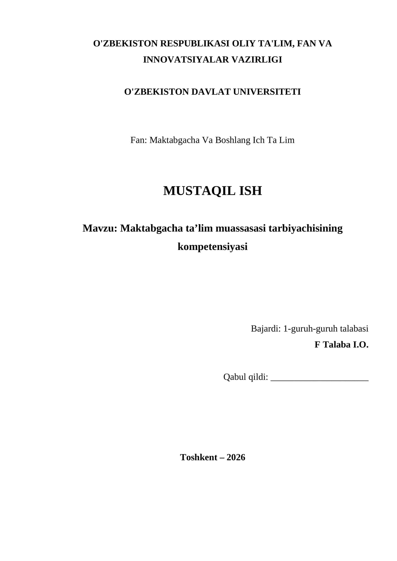 Maktabgacha ta’lim muassasasi tarbiyachisining kompetensiyasi 1