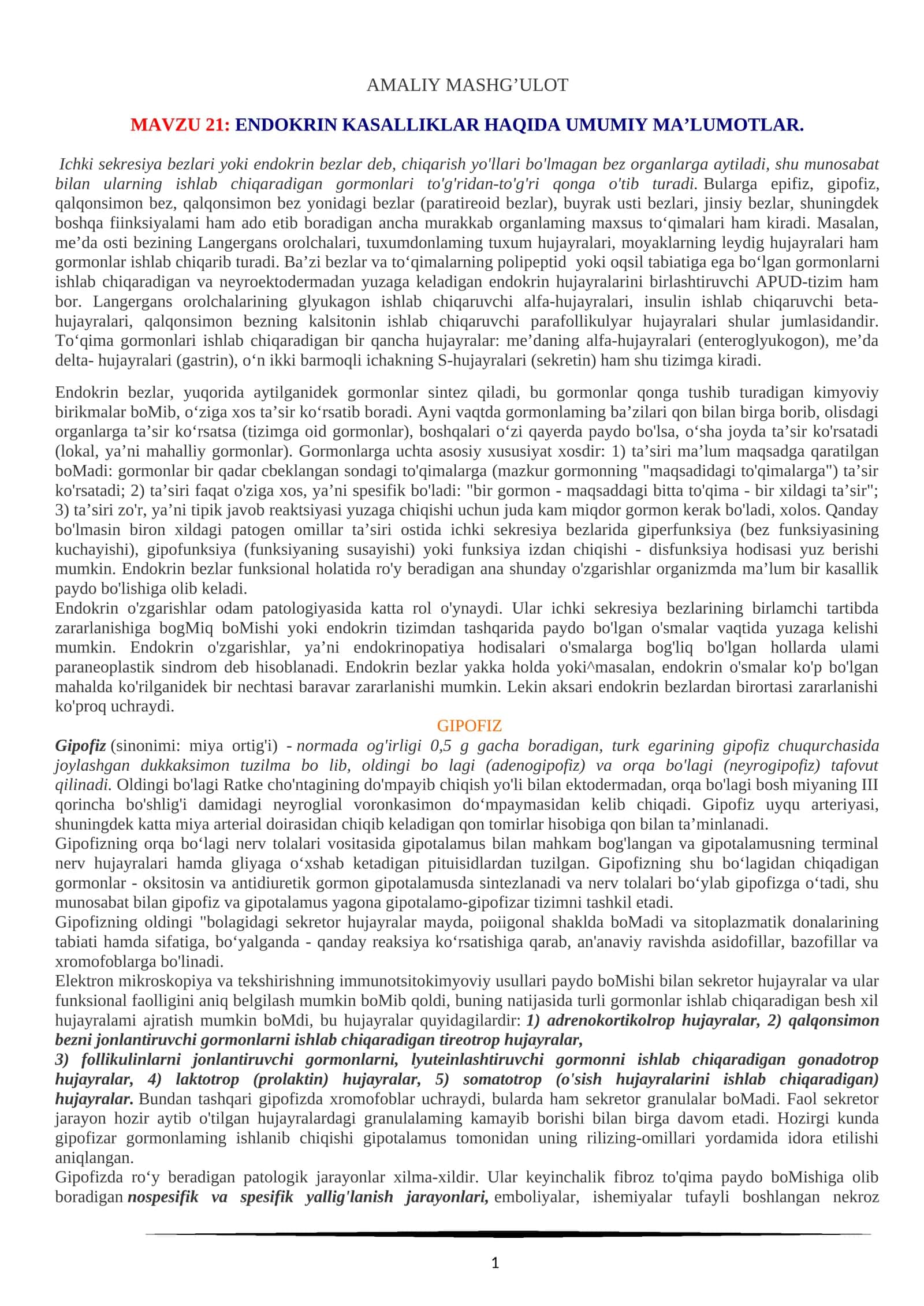ENDOKRIN KASALLIKLAR HAQIDA UMUMIY MA’LUMOTLAR 1