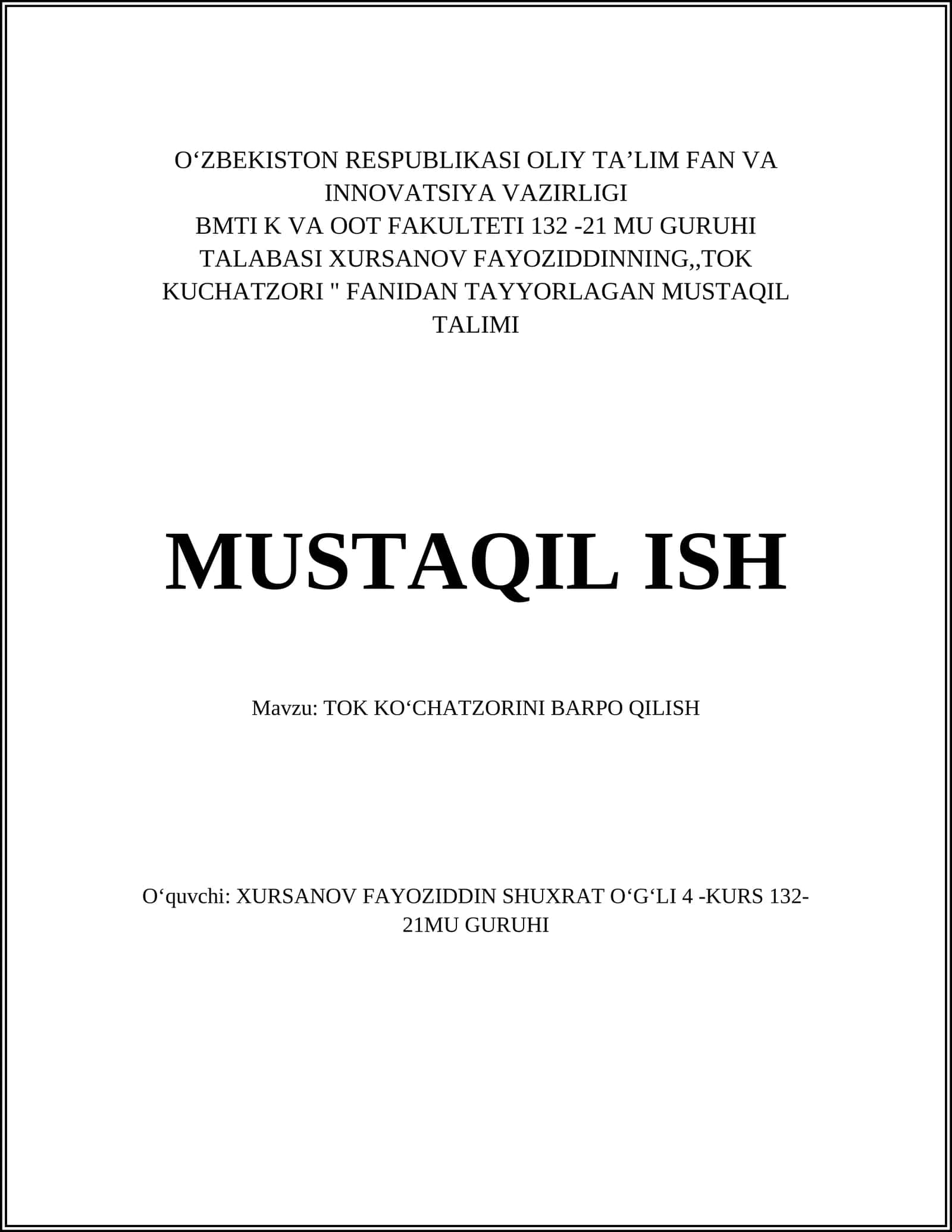 Mavzu: TOK KOʻCHATZORINI BARPO QILISH 1