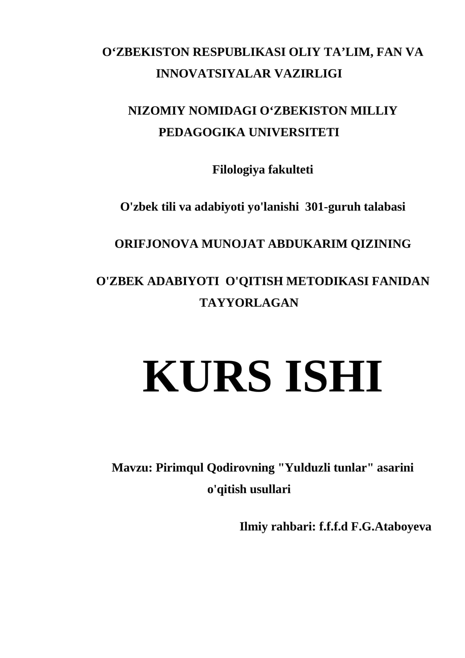 PIRIMQUL QODIROVNING "YULDUZLI TUNLAR" ASARINI O'QITISH USULLARI 1