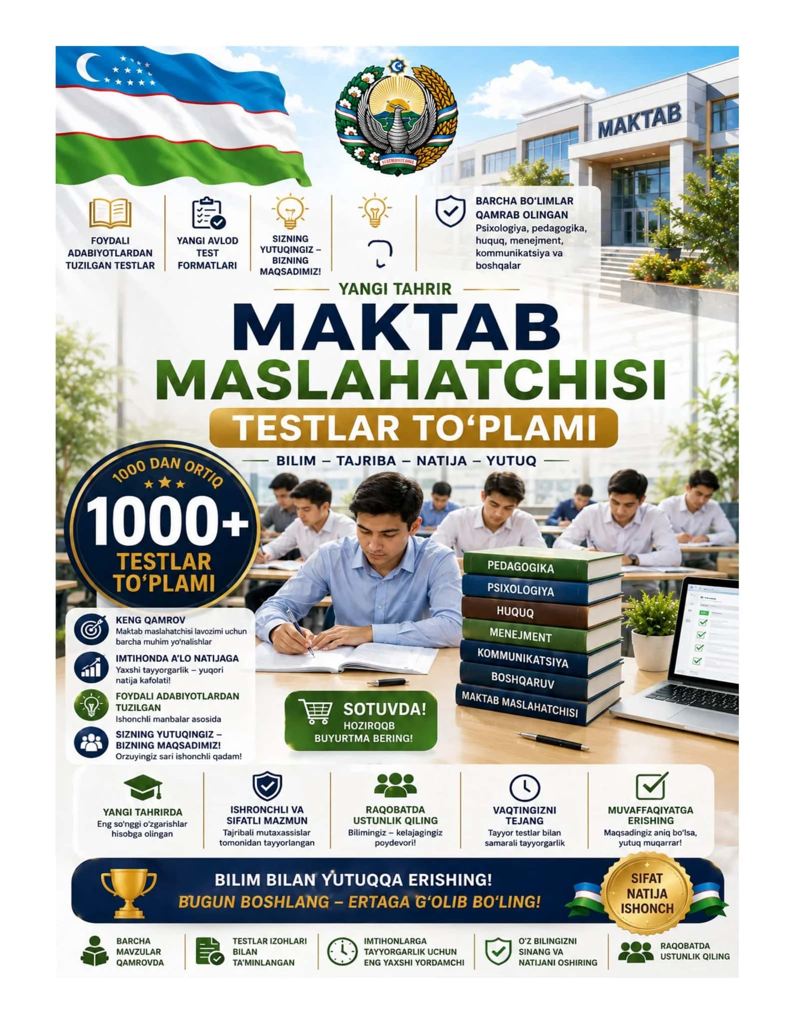 Maktab maslaxatchisi 1000 ta test javoblari bilan 1