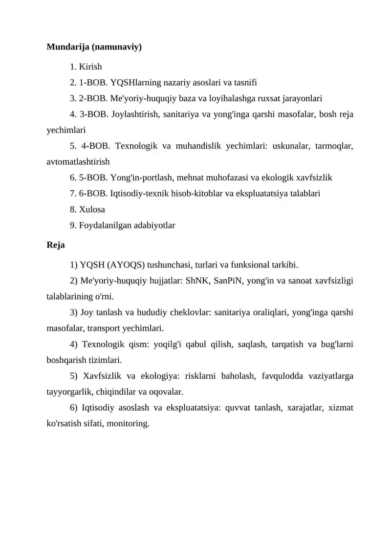 Mundarija (namunaviy) 1
