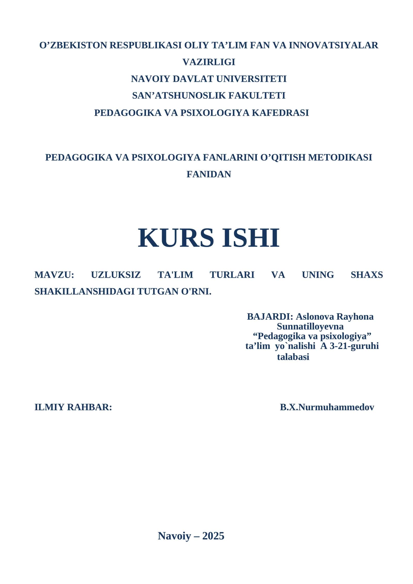 Pedagogika va psixologiya fanlarini o’qitish metodikasi 1