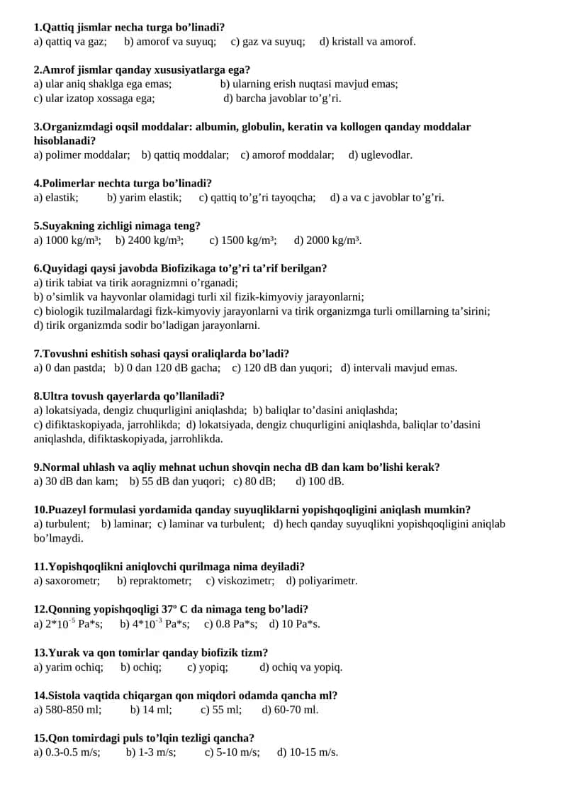 Biofizika test savollari 1
