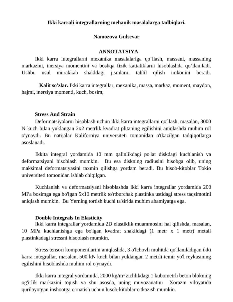 Ikki karrali integrallarning mehanik masalalarga tadbiqlari 1