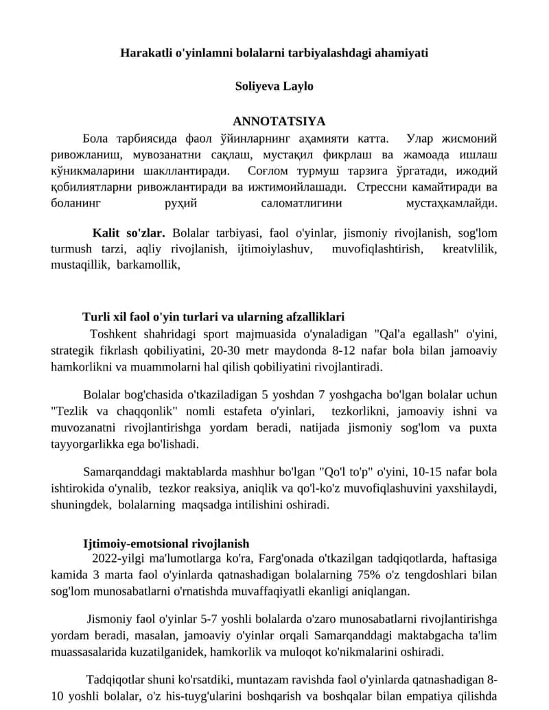Faol o'yinlar va bolani tarbiyalash 1