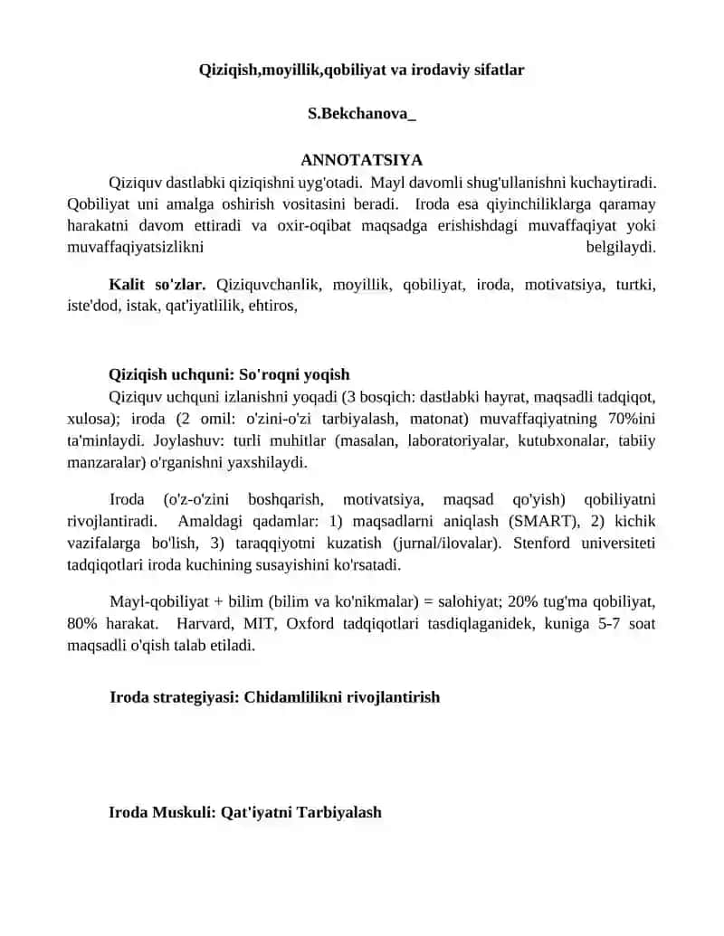 Qiziqish, moyillik, qobiliyat va irodaviy sifatlar