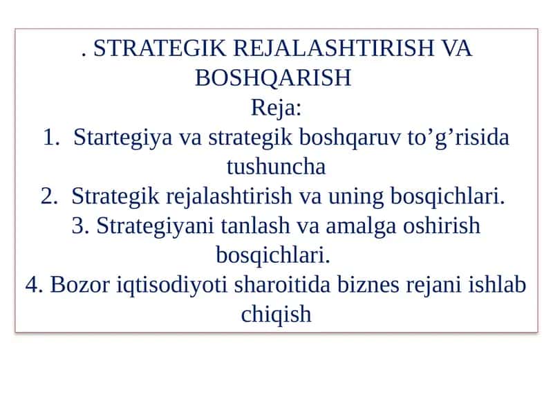 Strategik Rejalashtirish va Boshqarish 1