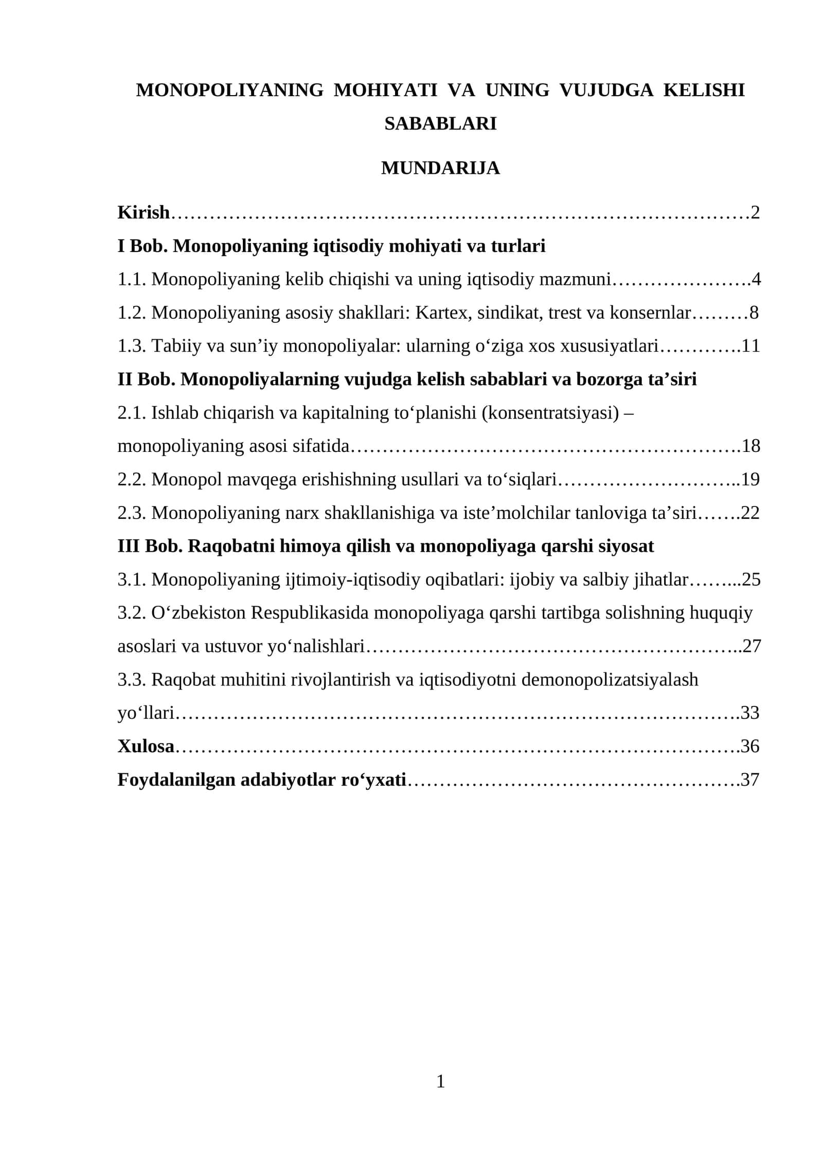 MONOPOLIYANING MOHIYATI VA UNING VUJUDGA KELISHI SABABLARI 1