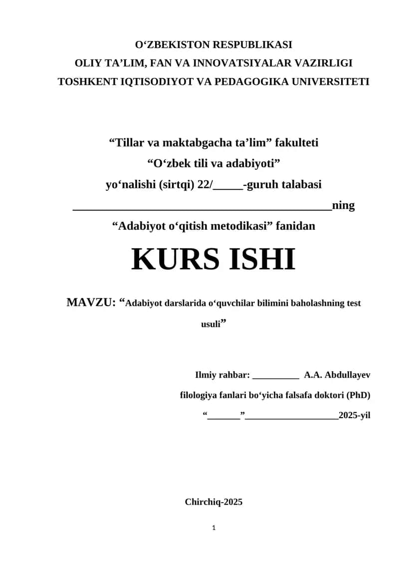 Adabiyot darslarida o‘quvchilar bilimini baholashning test usuli 1