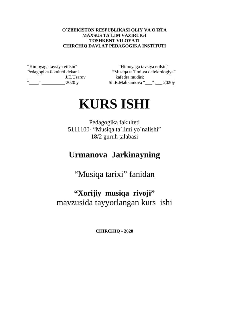 Kurs Ishi - "Musiqa ta`limi yo`nalishi" 1
